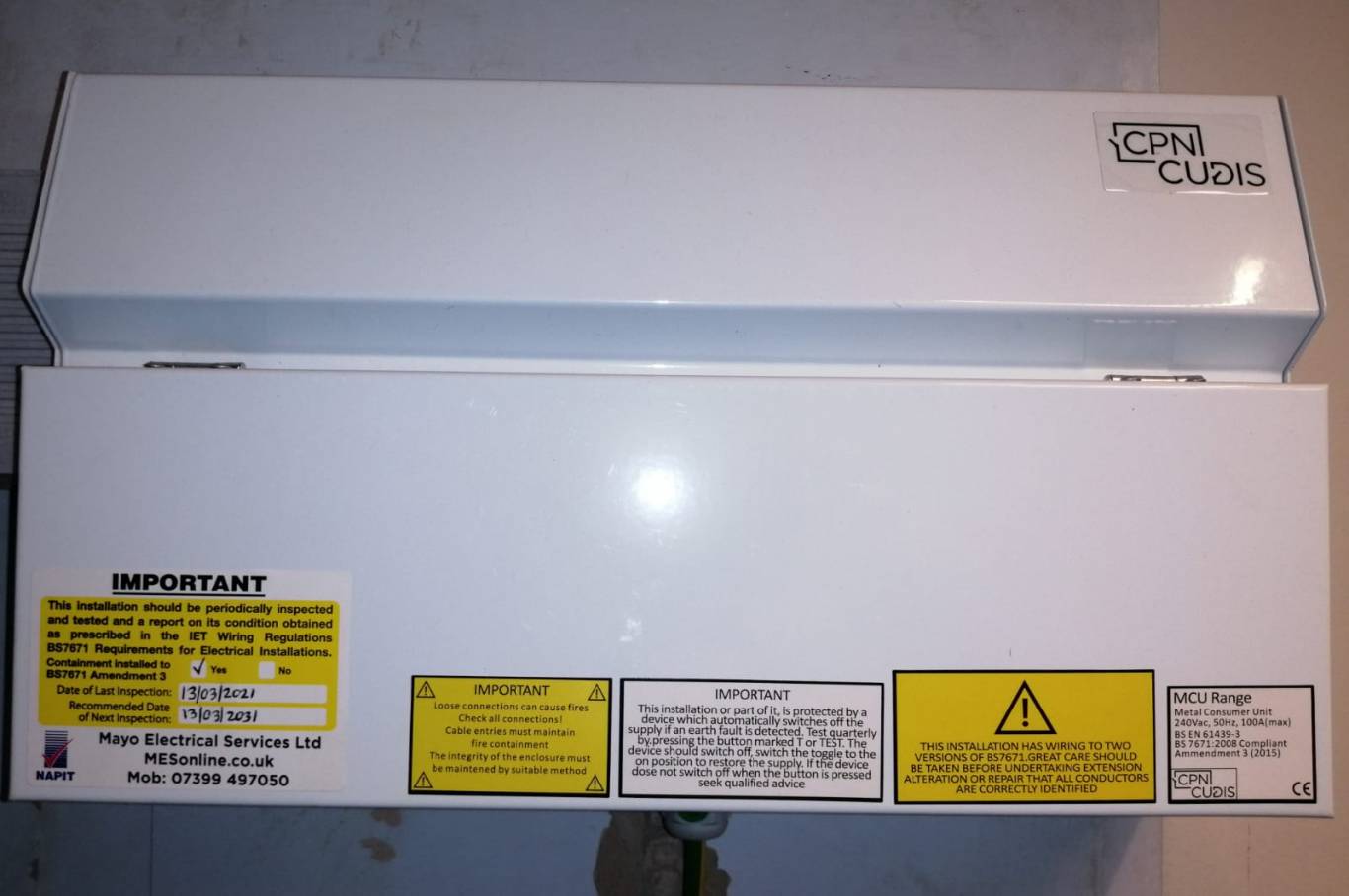 Consumer unit with inspection dates